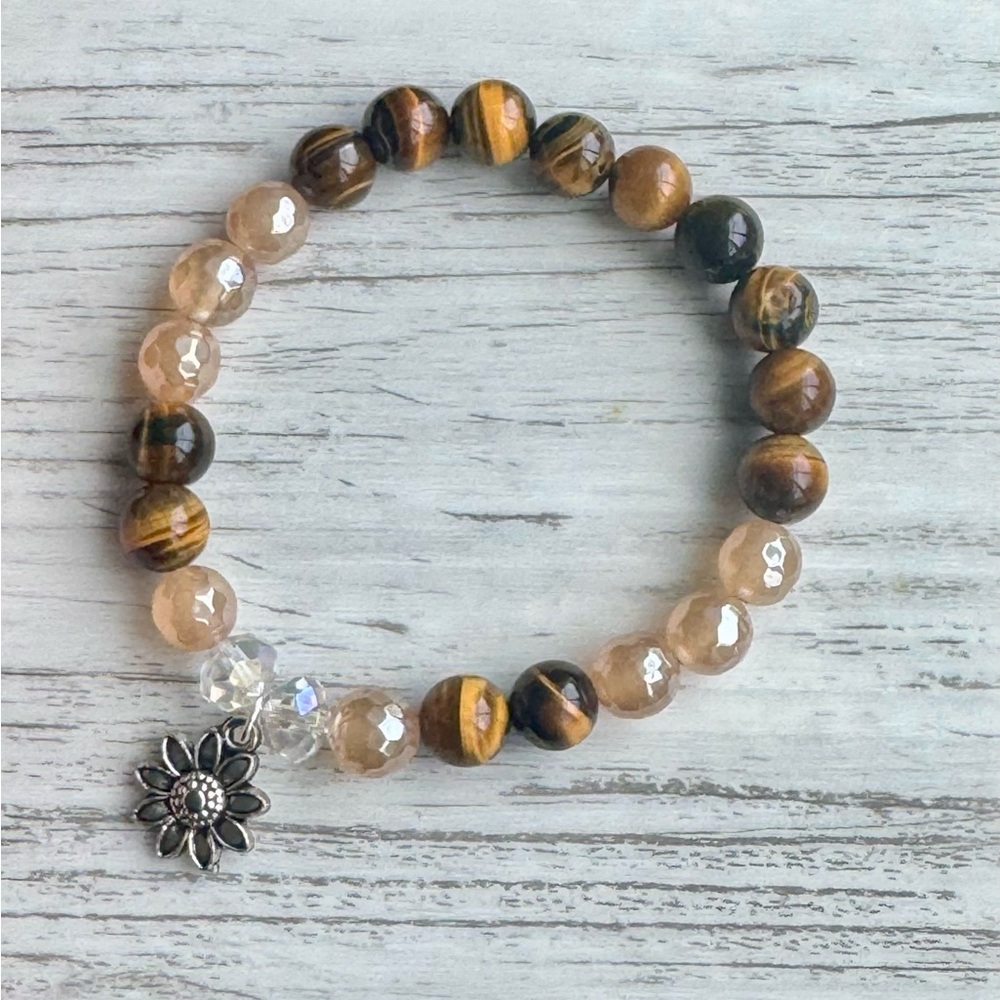 Brown and Gold Beaded Bracelet with SunFlower Charm